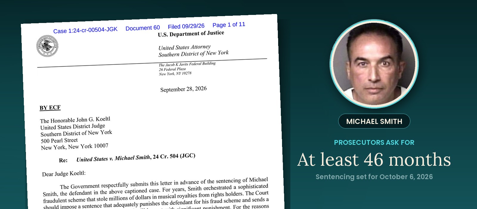 First page of the US Attorney's Office sentencing letter in United States v. Michael Smith, next to a photo of Michael Smith
