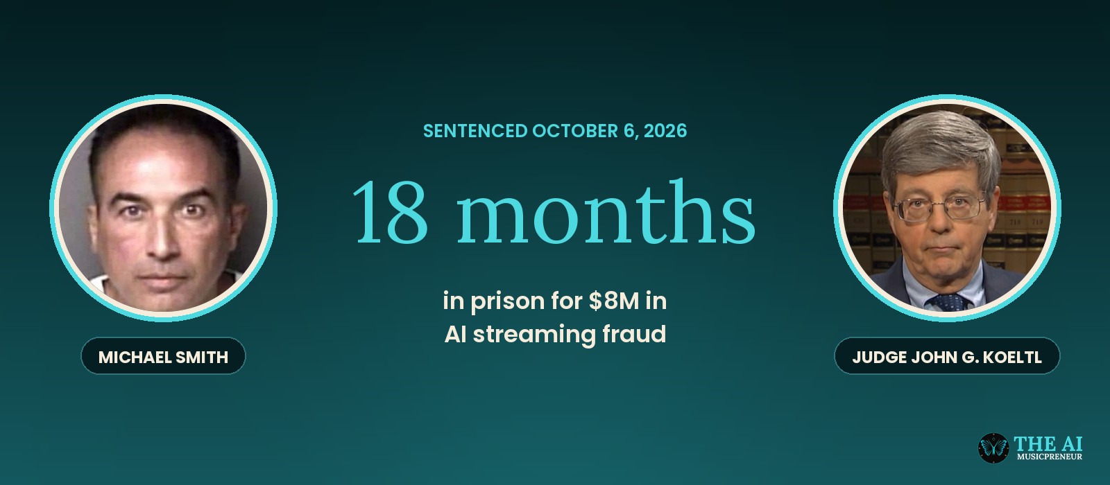 Michael Smith and Judge John G. Koeltl on either side of the 18-month prison sentence for AI streaming fraud