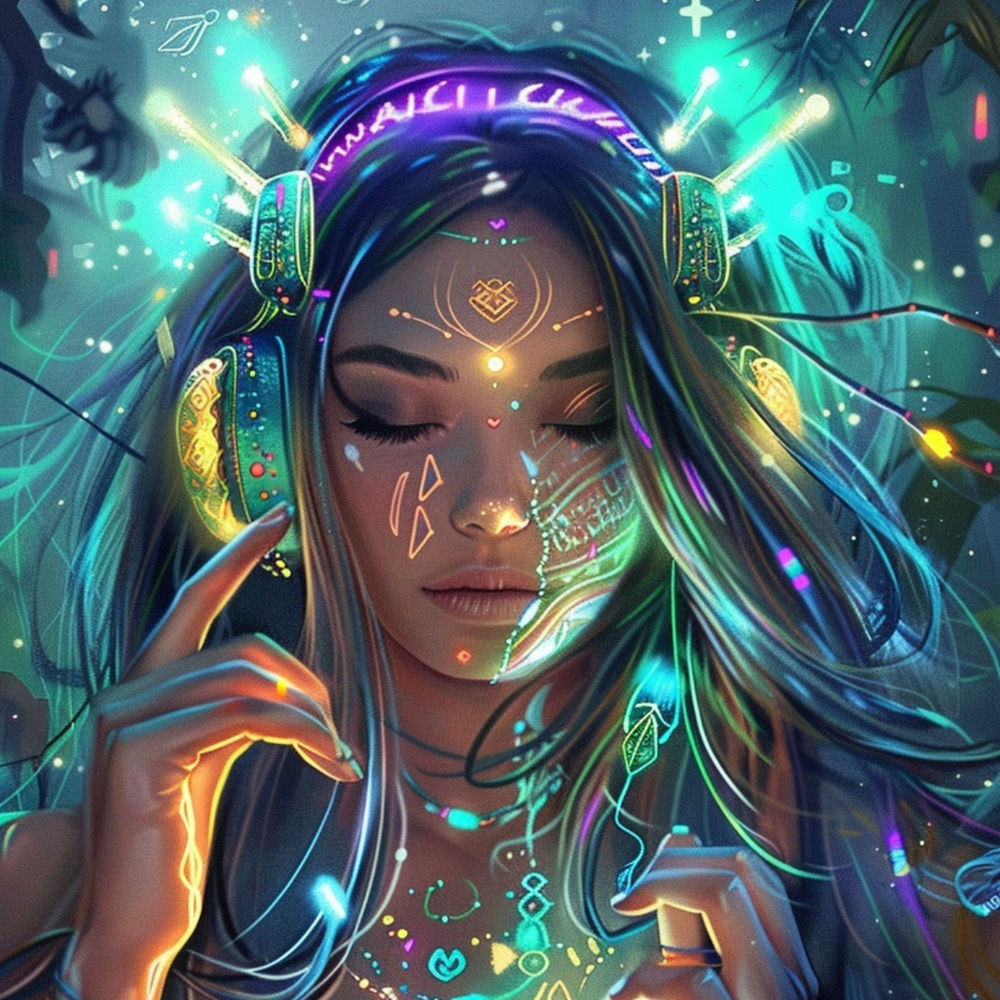Millionaire Muses cover art: a stylised digital illustration of a woman with long flowing hair and eyes closed, wearing glowing headphones, surrounded by neon teal and gold light trails and symbols.