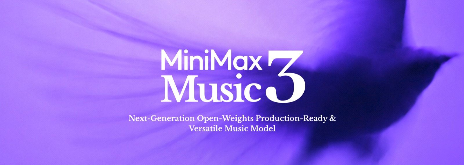 MiniMax Music 3 launch artwork with the model name over a purple image of a bird in motion
