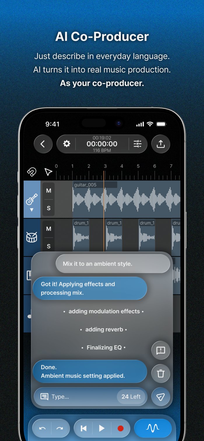 MixRoom app screenshot of the AI Co-Producer applying an ambient mix to guitar and drum tracks