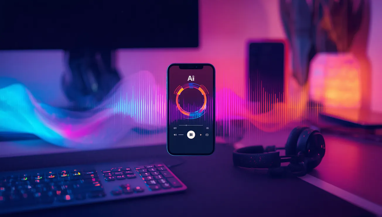 A smartphone playing AI-generated music with colorful waveforms on a desk with a keyboard and headphones