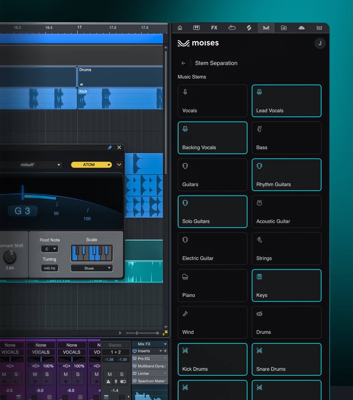 Moises stem separation panel running inside Fender Studio Pro, listing music stems like vocals, bass, guitars, and drums