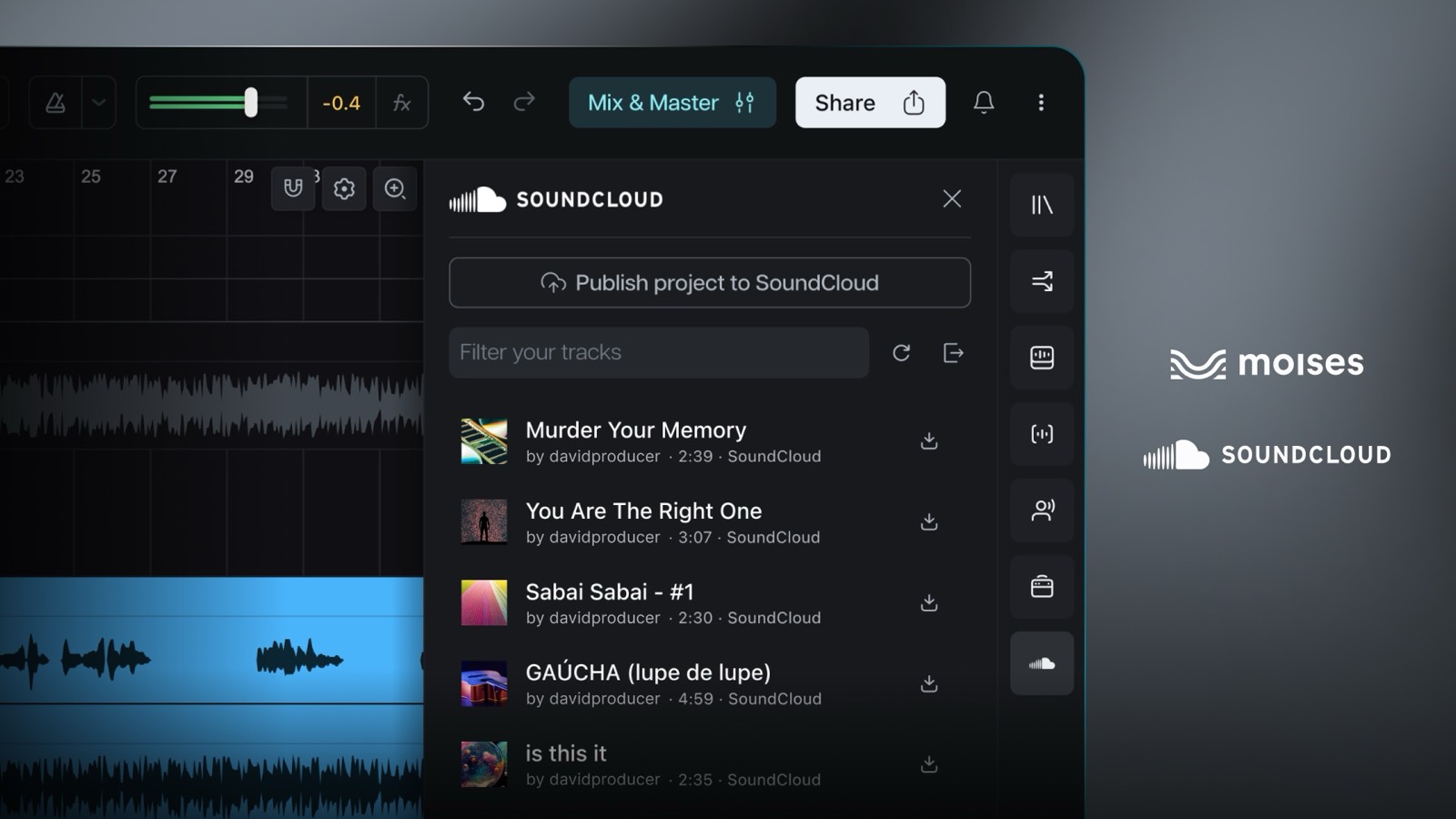 Moises Studio with the SoundCloud panel open, listing tracks to import and a Publish project to SoundCloud button