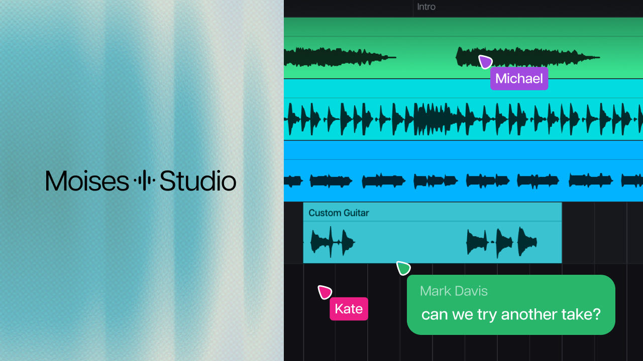 Moises Studio session with three collaborators' cursors on the tracks and a comment asking for another take