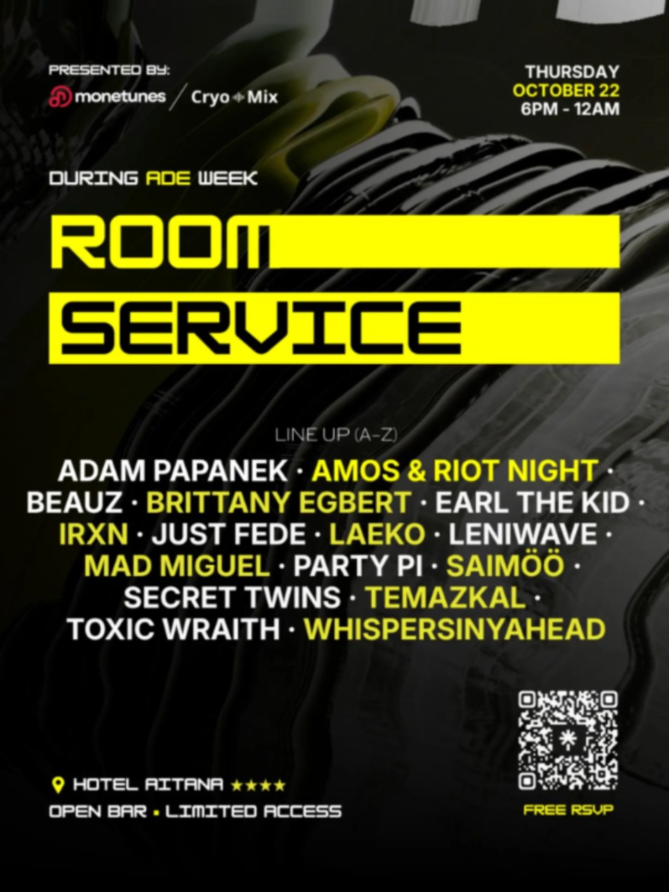 Room Service flyer by Monetunes and Cryo Mix listing 16 acts at Hotel Aitana on October 22 during ADE week