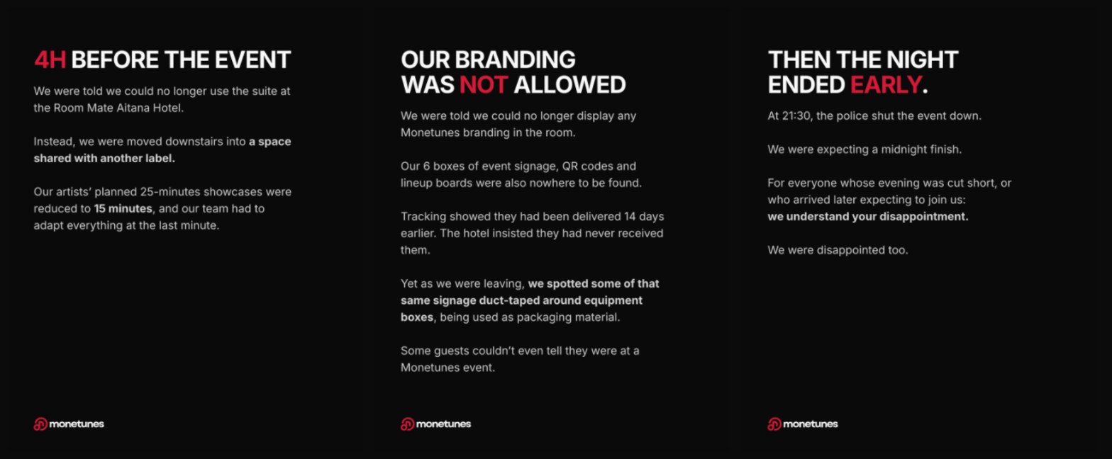 Three Monetunes Instagram slides about the venue change, the banned branding and the 21:30 police shutdown at Room Mate Aitana