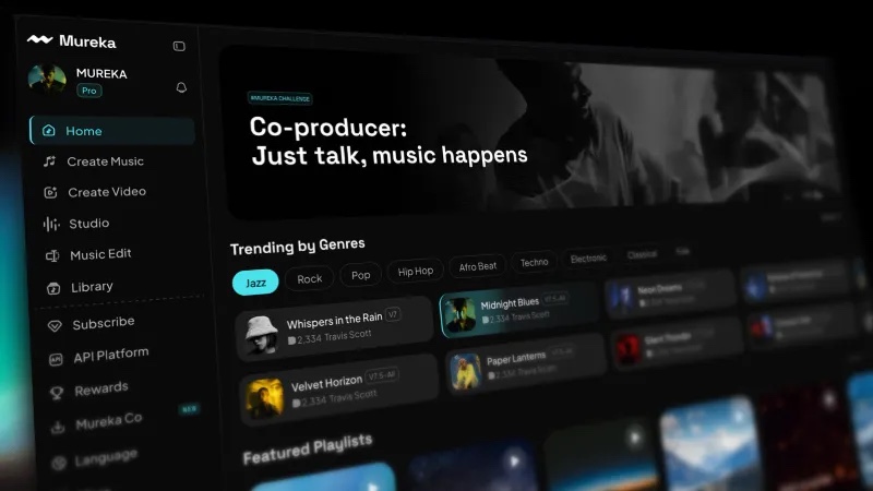 Mureka platform dashboard home screen with a Co-producer banner, genre tabs, and trending AI music tracks