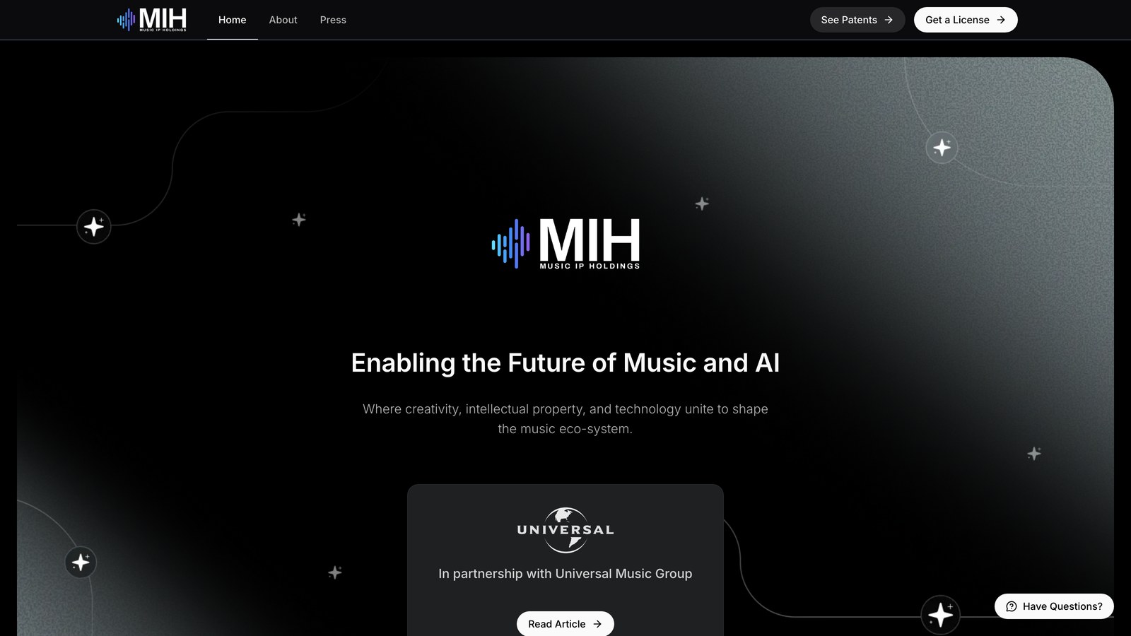 Music IP Holdings homepage showing its logo and its Universal Music Group partnership card