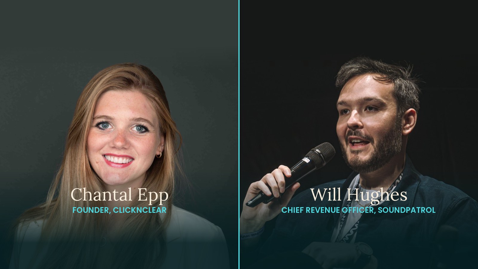 Split portrait of Chantal Epp of ClicknClear and Will Hughes of SoundPatrol, the new Music Technology UK directors