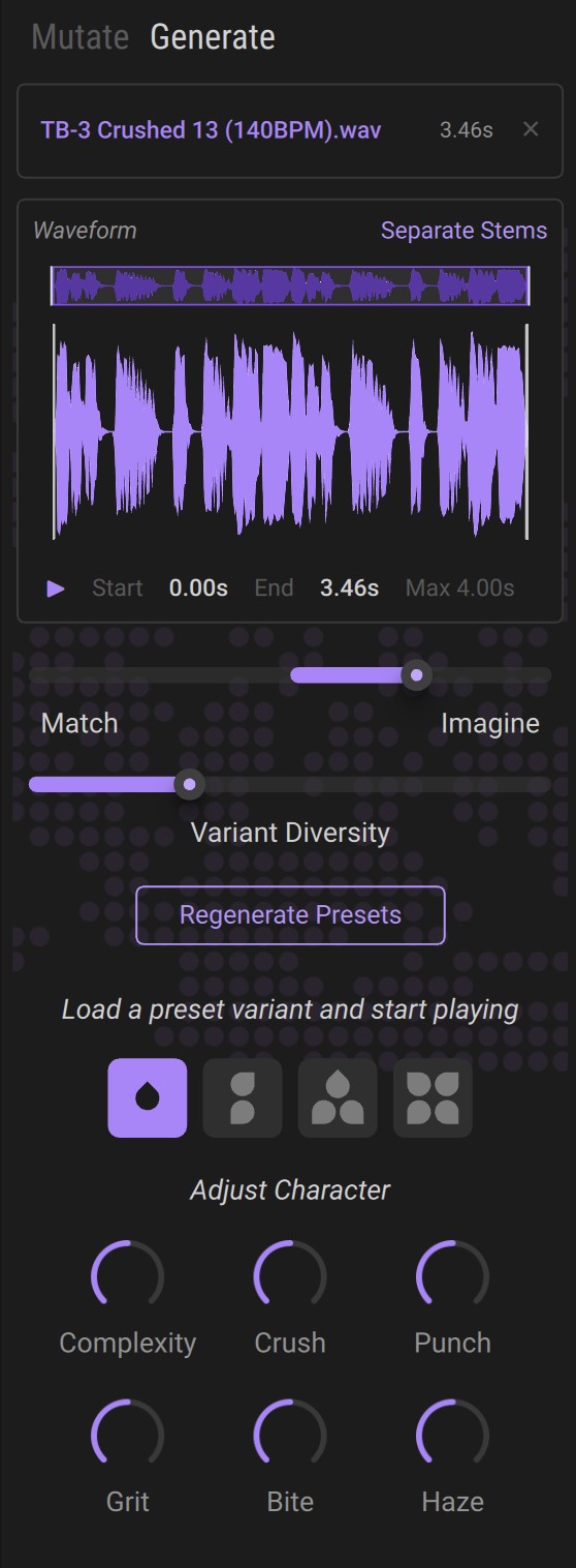 Massive XL Generate panel with a 3.46-second sample, the Match to Imagine slider and character knobs