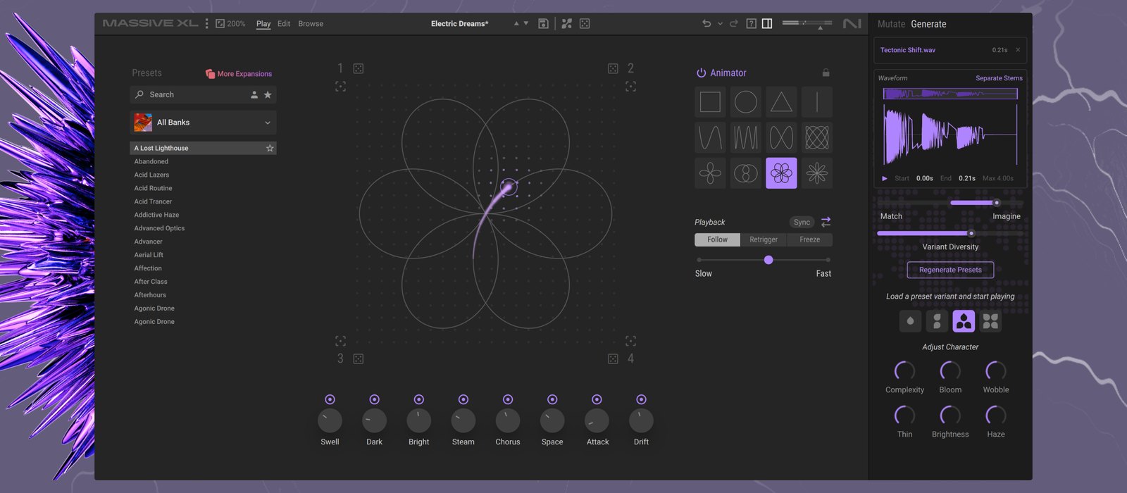 Massive XL synth interface with the Generate panel open, showing a loaded sample, the Match to Imagine slider and macro knobs