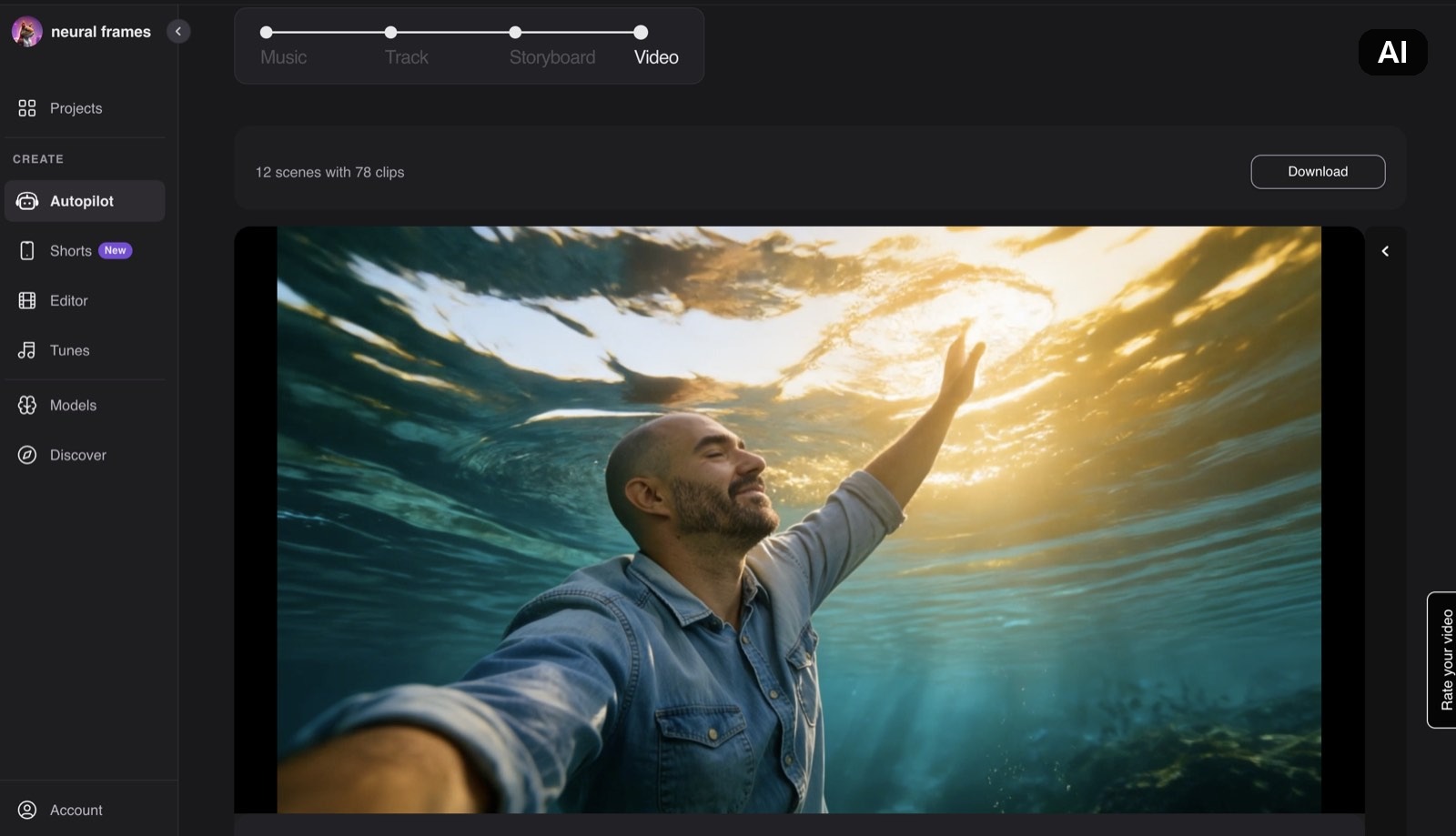 Underwater still from a Neural Frames AI music video, a man in a denim shirt reaching toward sunlight at the surface