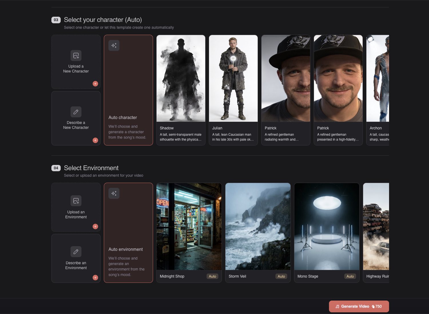 Neural Frames Short-Form Studio character and environment selection with auto-generate options and preset cards