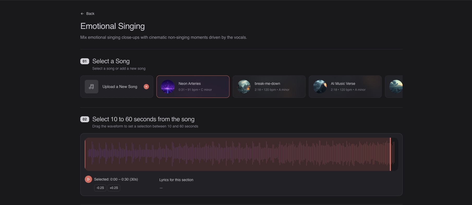 Neural Frames Short-Form Studio Emotional Singing template, selecting a song and a 10 to 60 second clip from the waveform