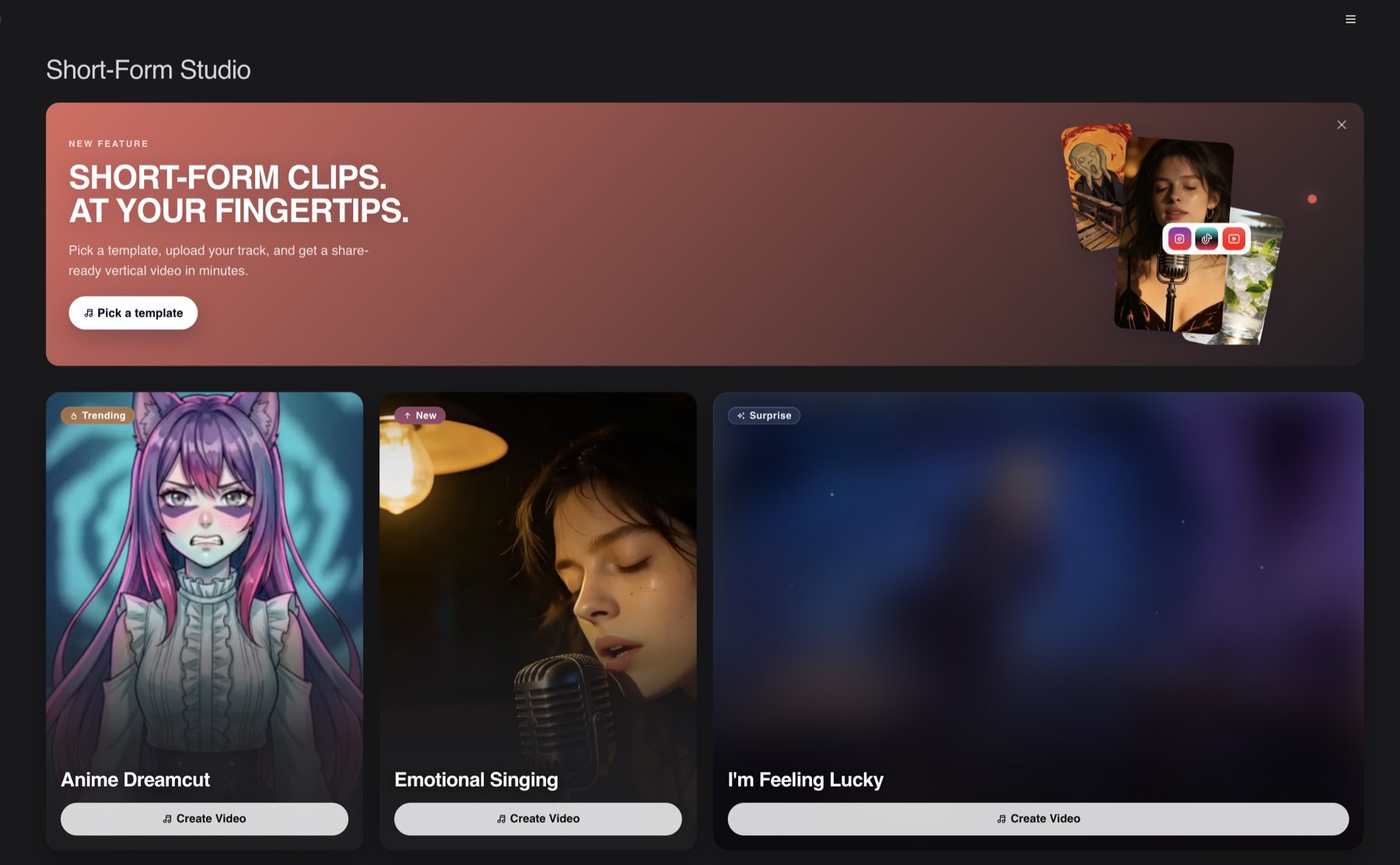 Neural Frames Short-Form Studio dashboard with vertical video templates Anime Dreamcut, Emotional Singing, and I'm Feeling Lucky