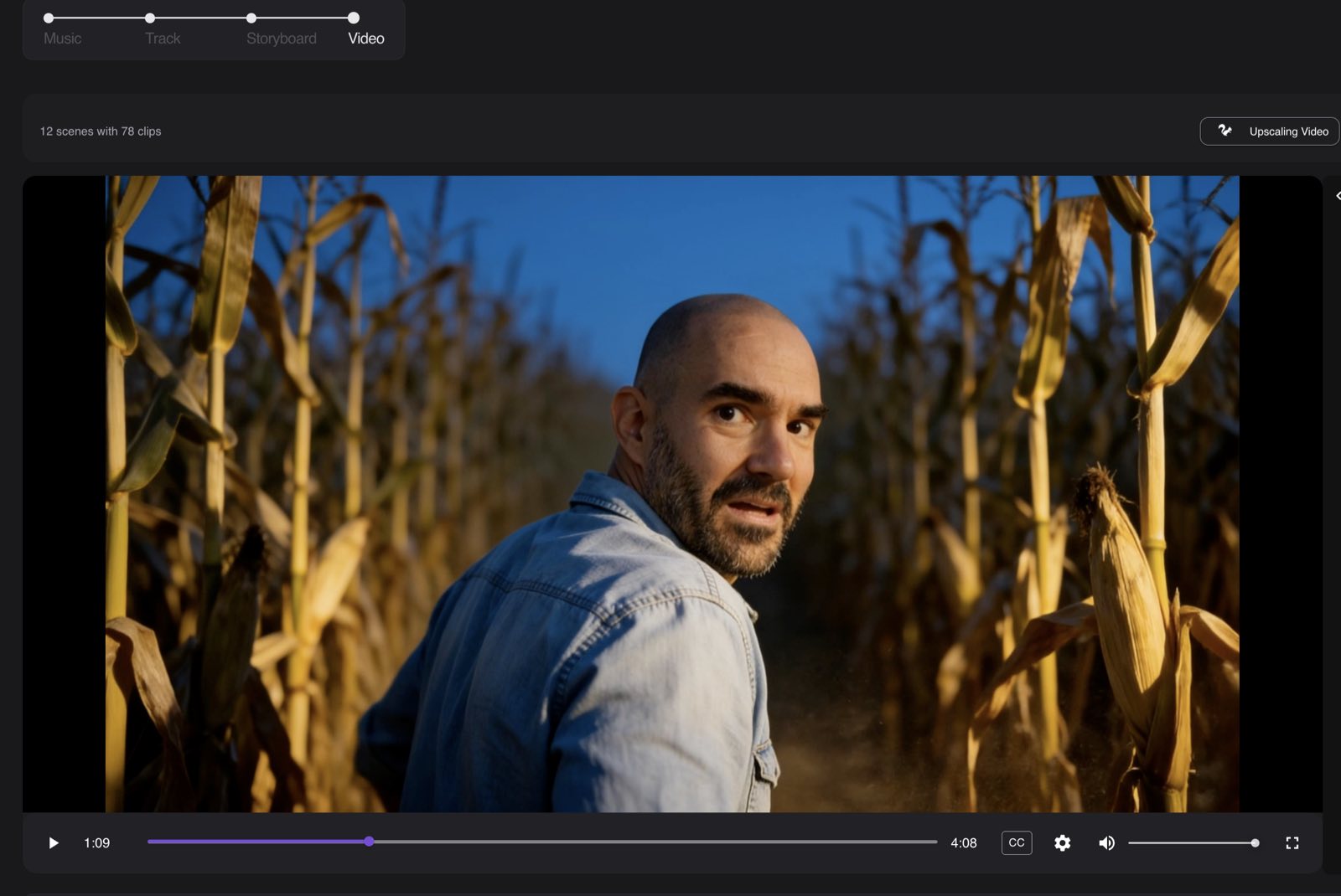 Neural Frames Video stage playing the finished Chasing Shadows render of a man in a cornfield at dusk