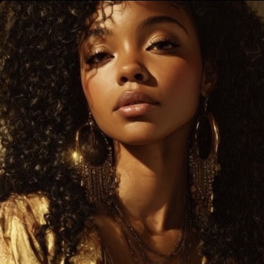 AI-generated portrait of the Nova Solé persona — a woman with curly hair and gold hoop earrings in warm golden light.