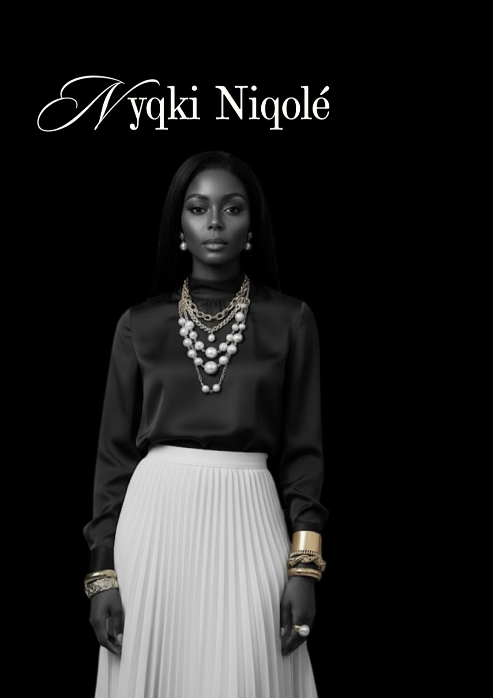AI-generated image of the Nyqki Niqolé persona — a woman in a black blouse and white pleated skirt against a black background, her name in script above.