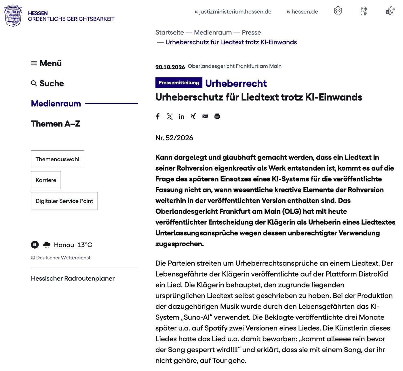 OLG Frankfurt press release 52/2026 on copyright for a song lyric despite an AI objection