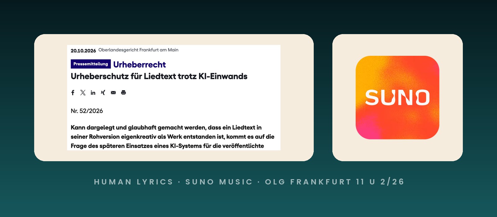 OLG Frankfurt press release on lyric copyright despite AI, next to the Suno app icon