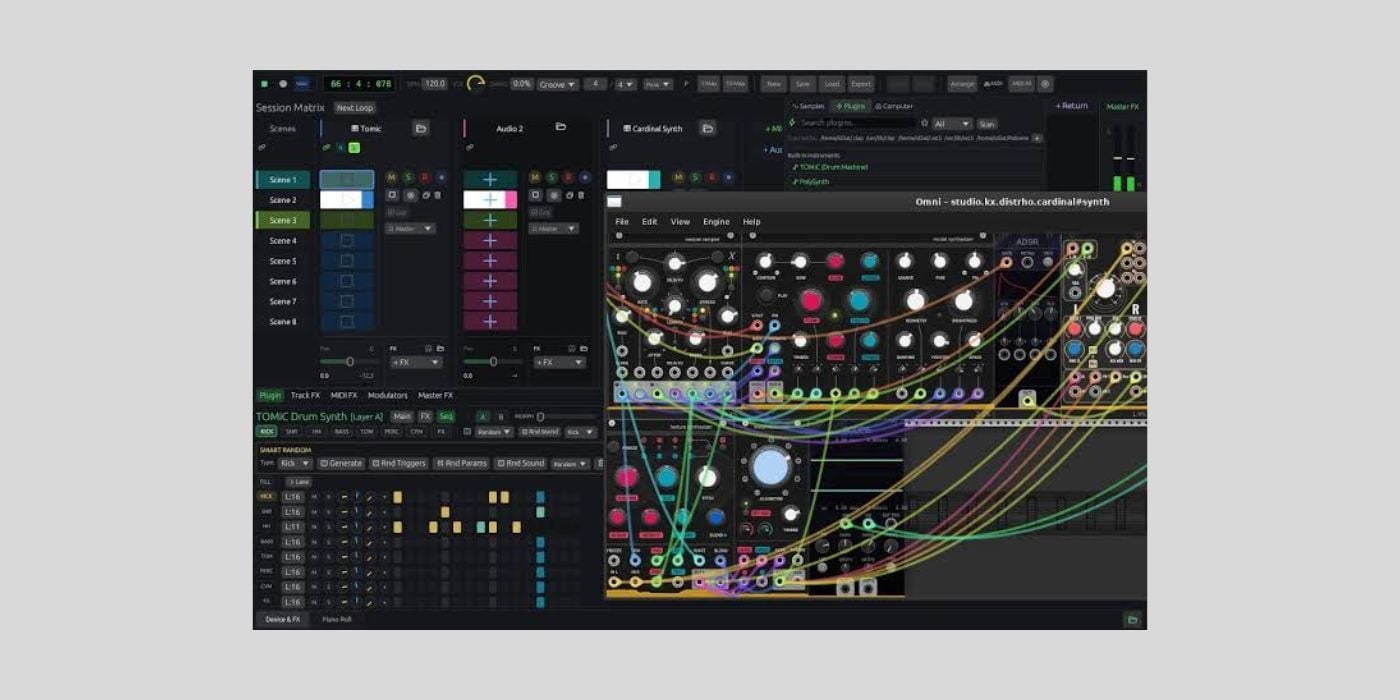 OMNi DAW alpha interface showing the Session Matrix, TOMiC Drum Synth, and modular Cardinal synth patch