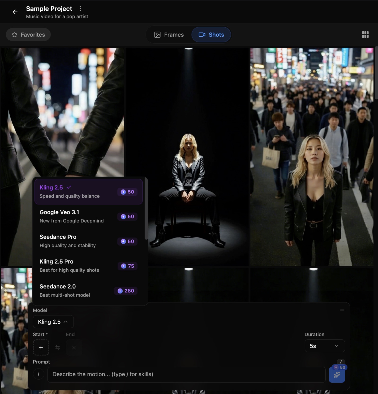 Choosing Kling, Google Veo, or Seedance video model inside OneMoreShot AI
