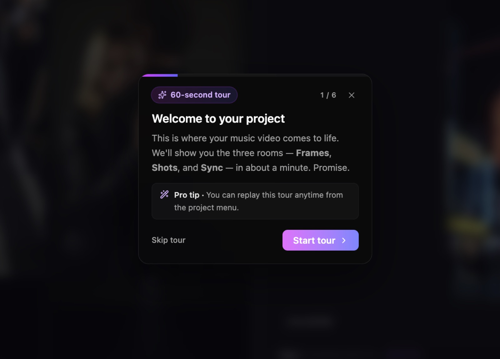 OneMoreShot AI Advanced Editor tour across the Frames, Shots, and Sync rooms