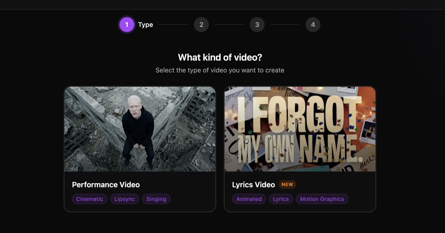 OneMoreShot AI video type screen showing Performance Video versus Lyrics Video options