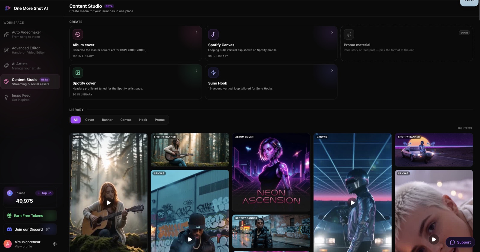 OneMoreShot AI Content Studio with album cover and Spotify Canvas tools