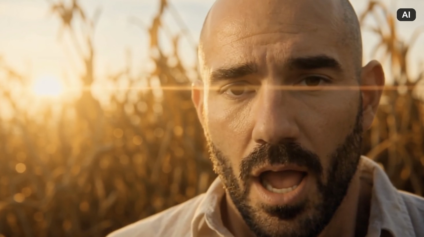 Generated OneMoreShot AI music video still of the singer in a golden cornfield