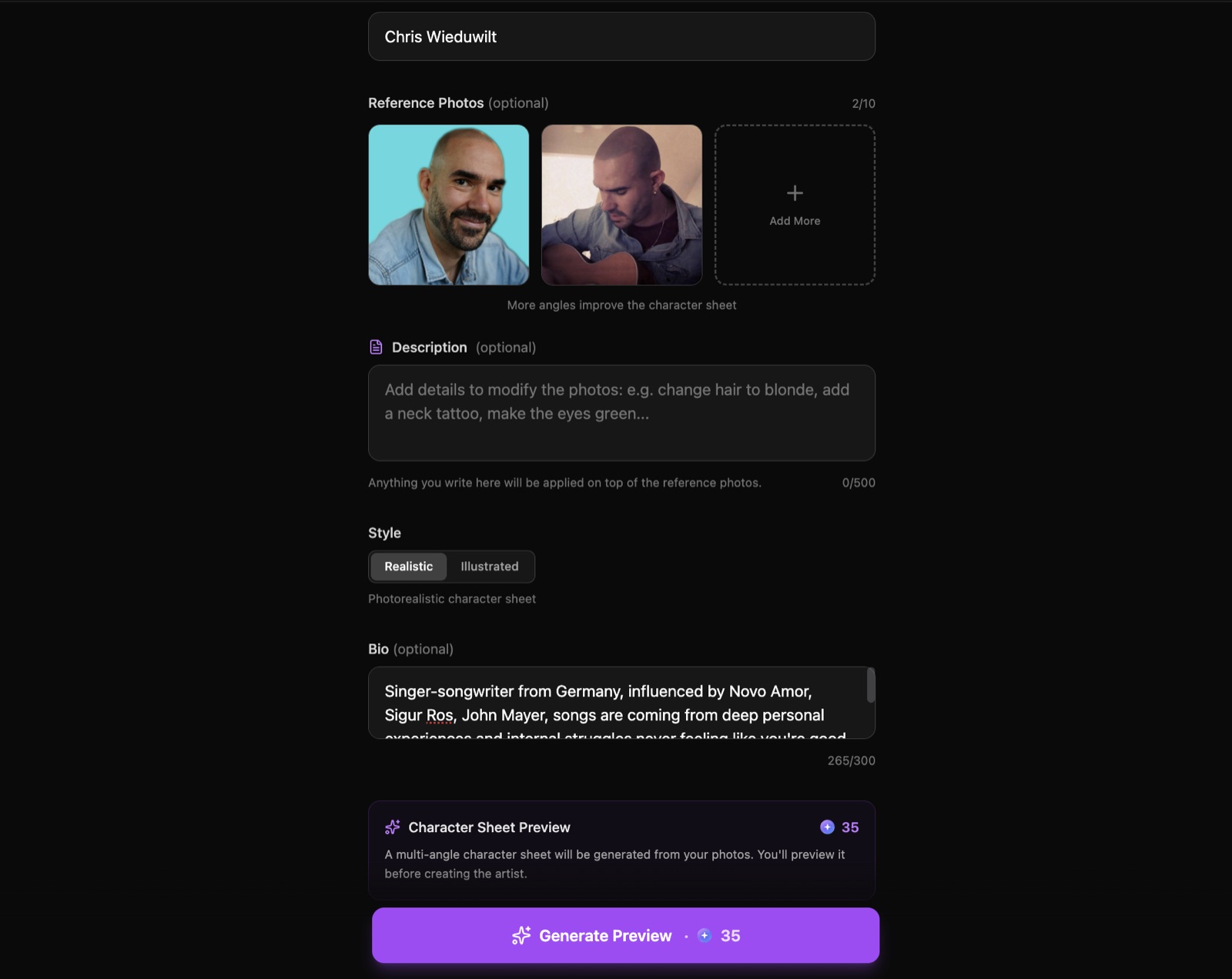 Creating a OneMoreShot AI artist with reference photos, a style toggle, and a bio