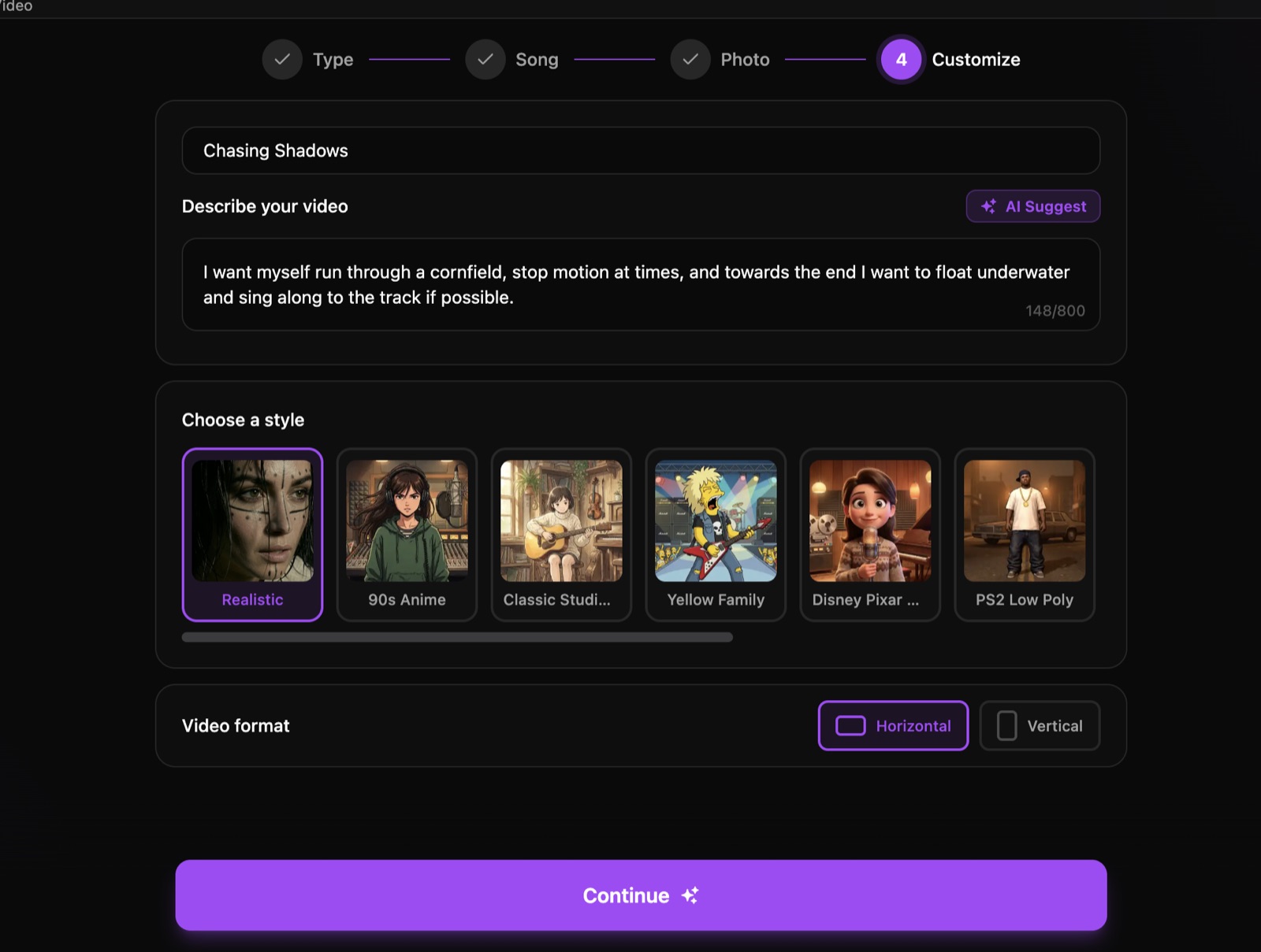 Describing the video and choosing a style on the OneMoreShot AI customize step