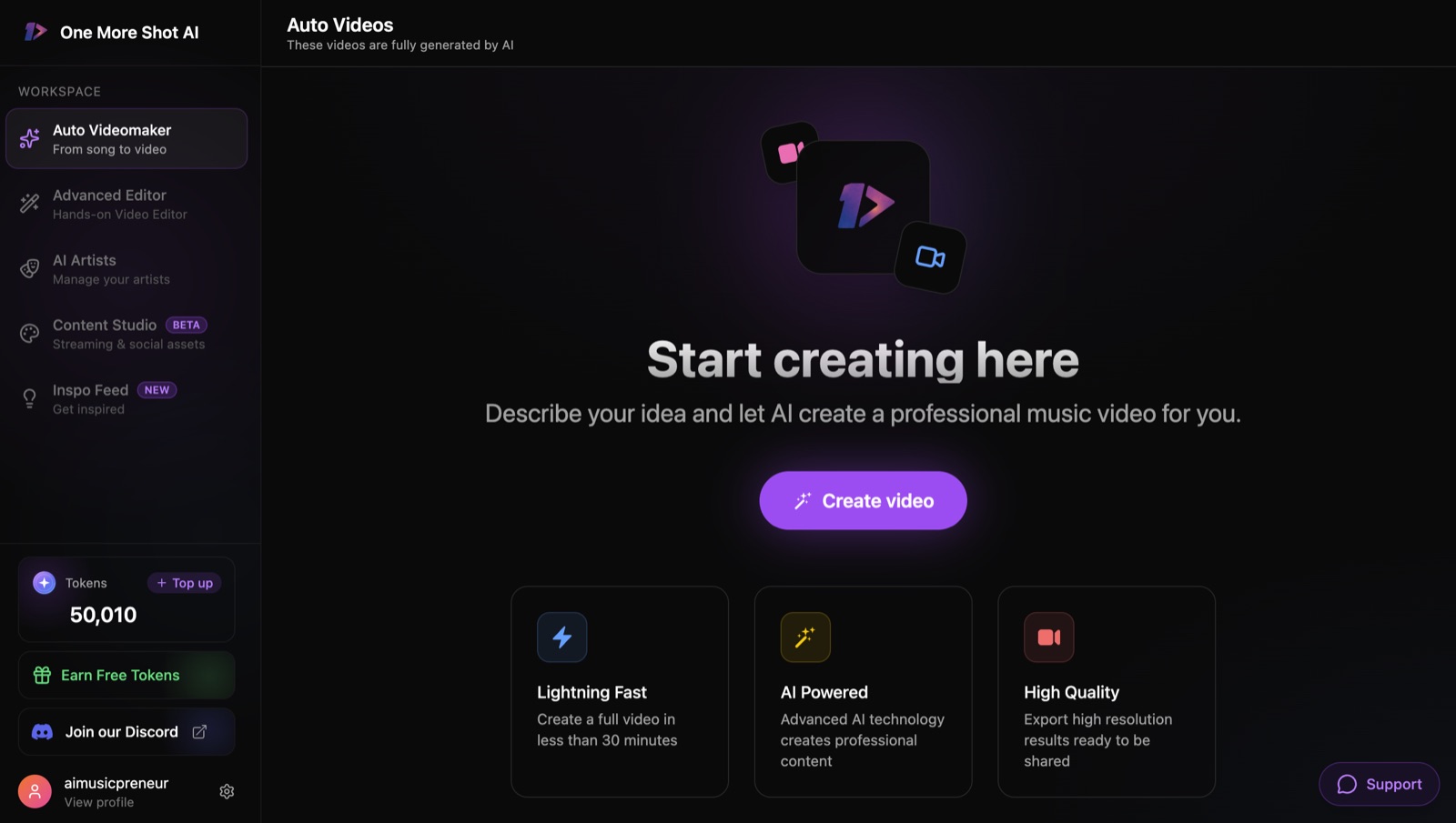 OneMoreShot AI dashboard with the Create video button and the token balance shown