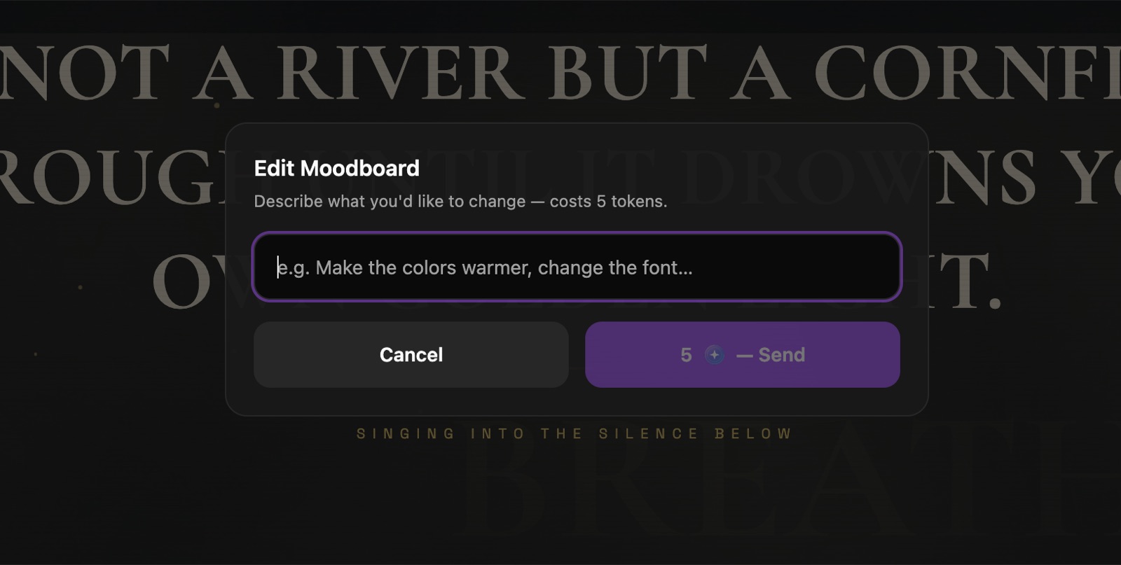 Edit Moodboard dialog in OneMoreShot AI charging five tokens for a change