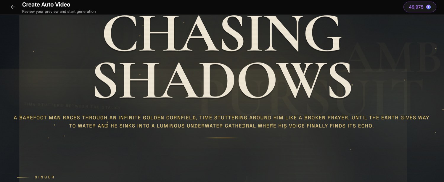 OneMoreShot AI music video concept titled Chasing Shadows with its logline on the review screen