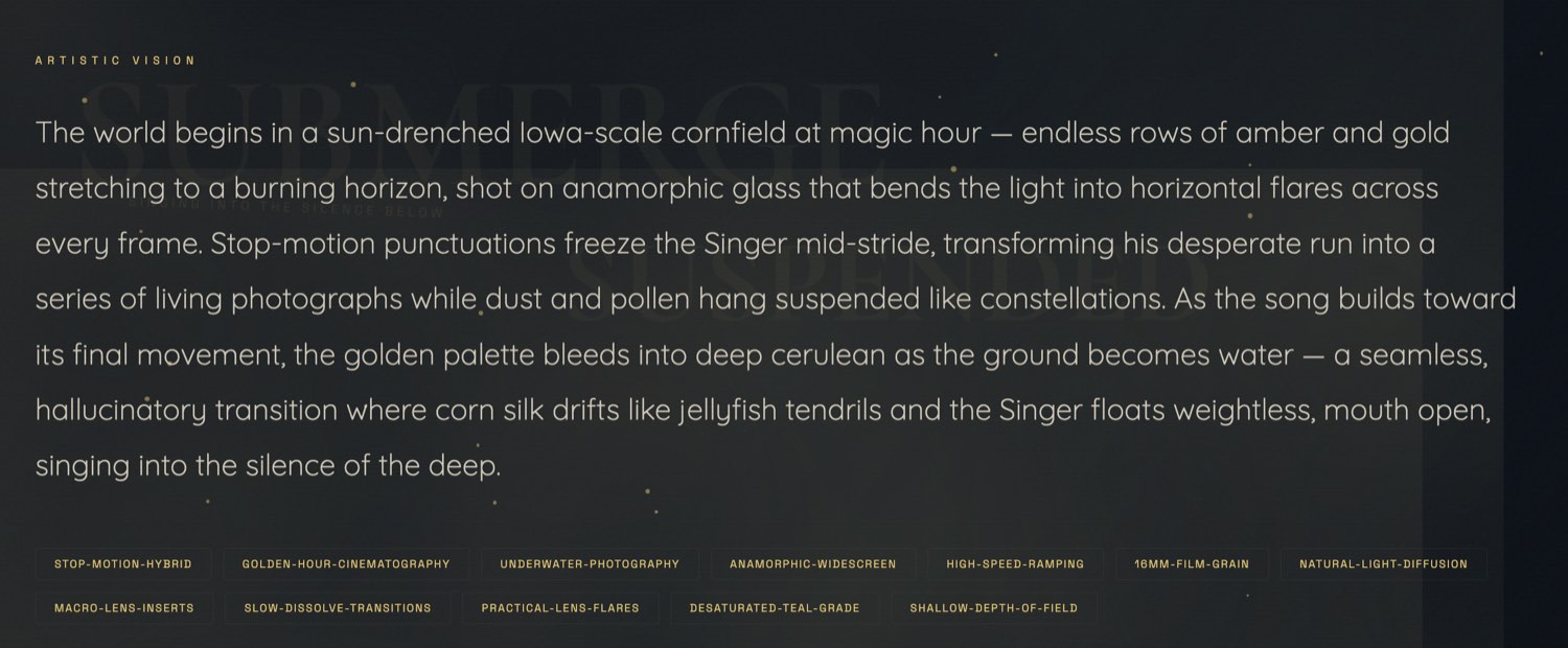 OneMoreShot AI artistic vision paragraph and cinematography style tags on the review screen