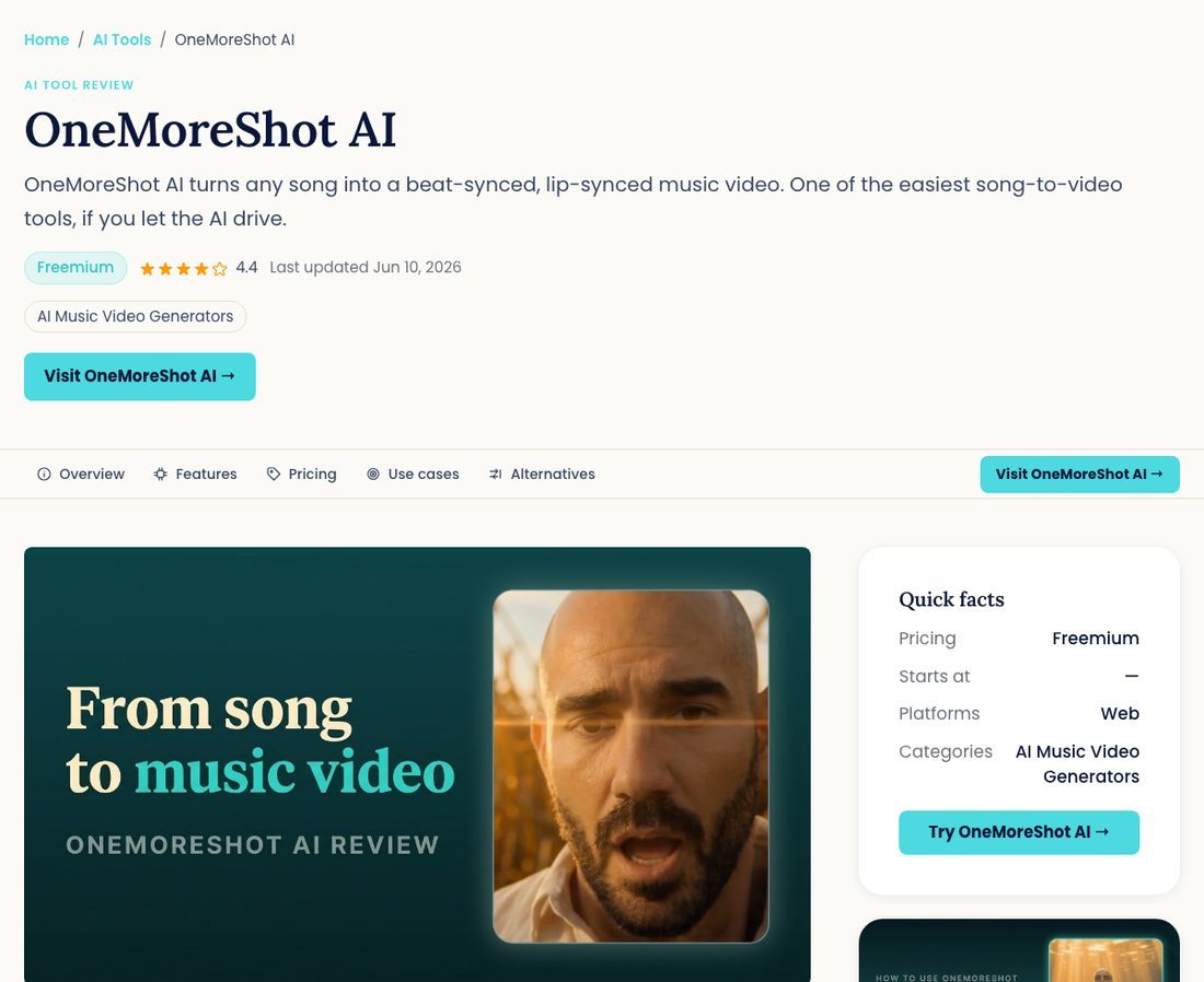 The OneMoreShot AI tool page on aimusicpreneur.com with rating, category and a visit button