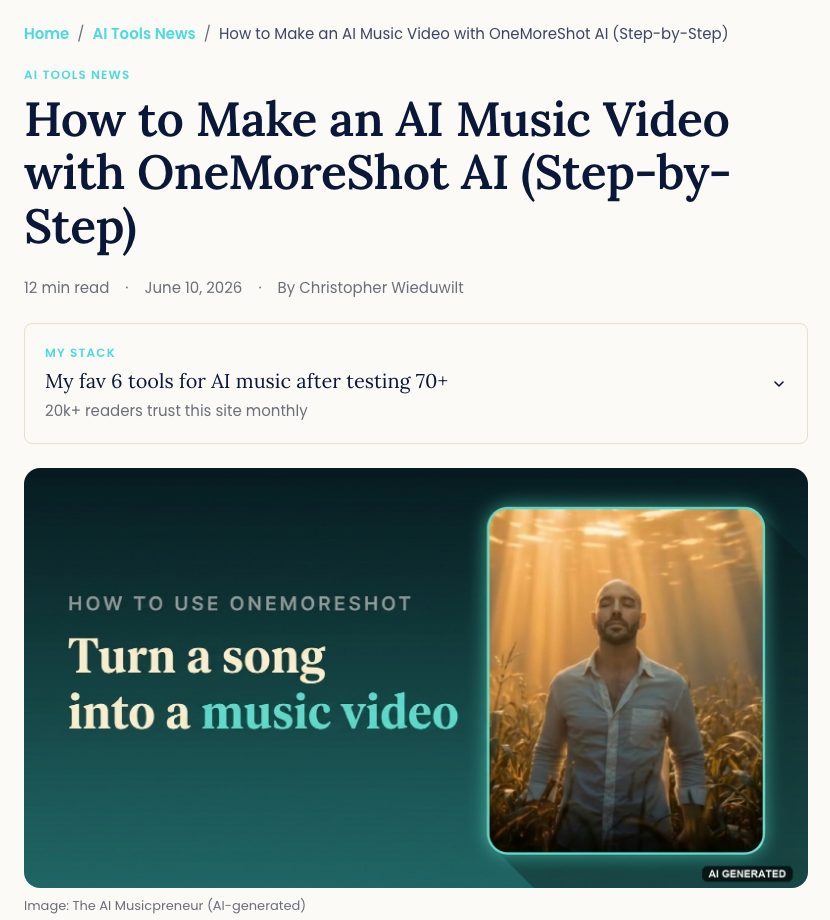 The OneMoreShot AI tutorial article on aimusicpreneur.com