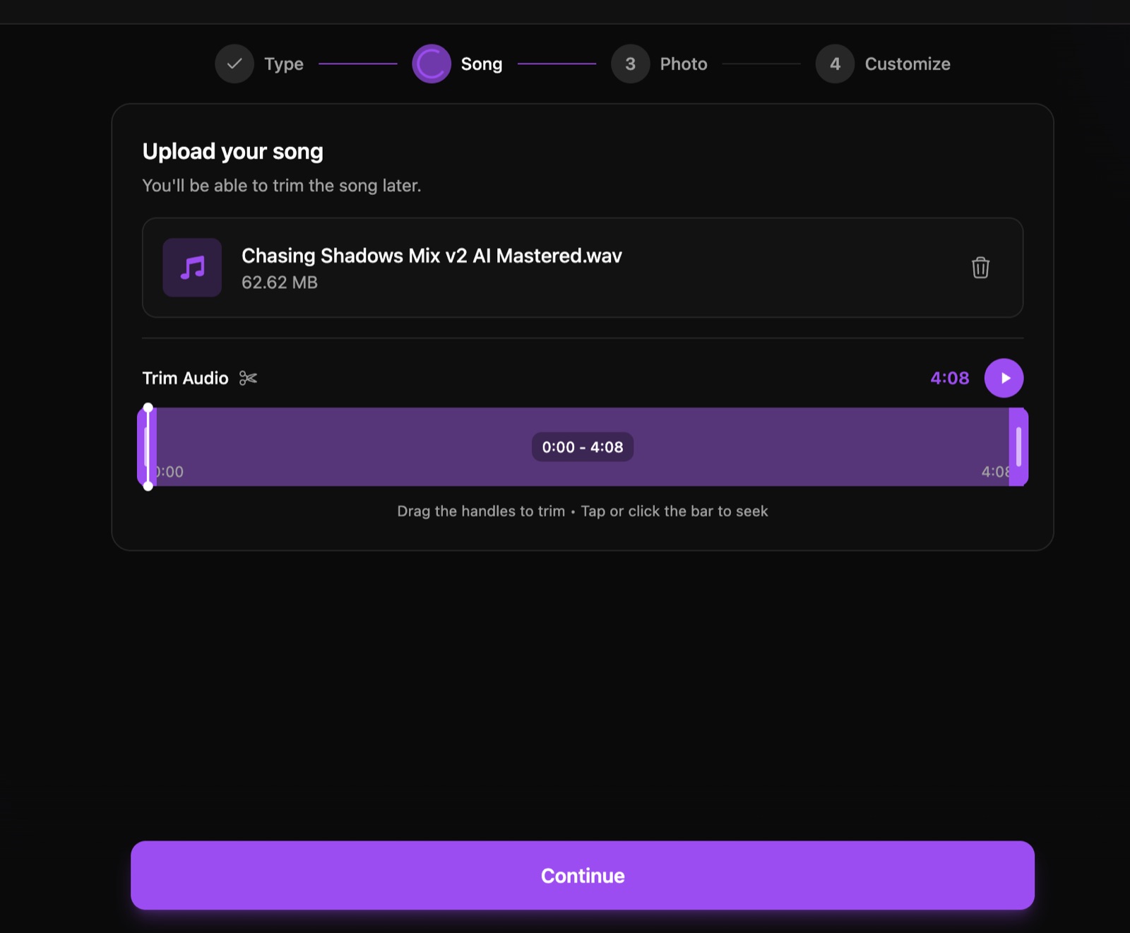 Uploading and trimming a song on the OneMoreShot AI upload step