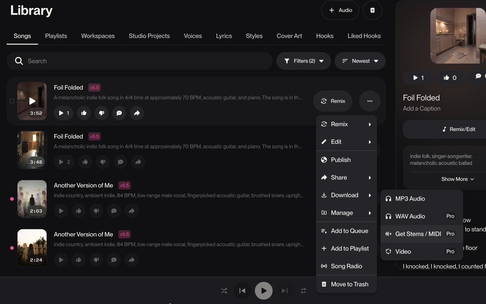 Suno library track menu open on Download with the Get Stems and MIDI option for a song