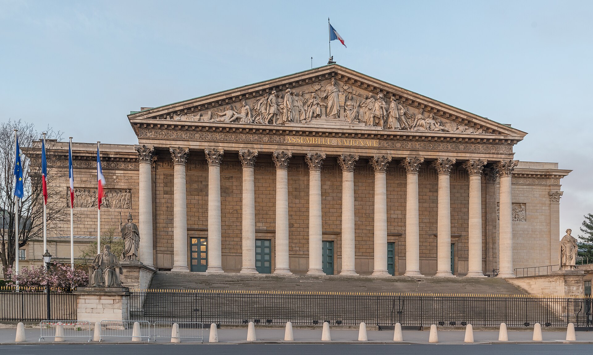 The columned south facade of the Palais Bourbon, seat of France's National Assembly in Paris