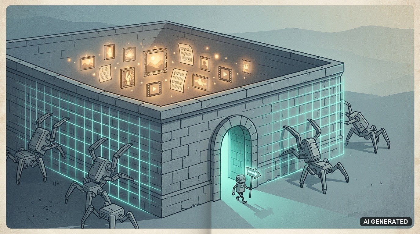 Editorial illustration of a walled compound protecting glowing creator works while grey robotic crawlers are stopped by an energy grid