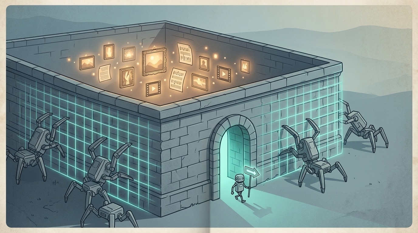 Editorial illustration of a walled compound protecting glowing creator works while grey robotic crawlers are stopped by an energy grid