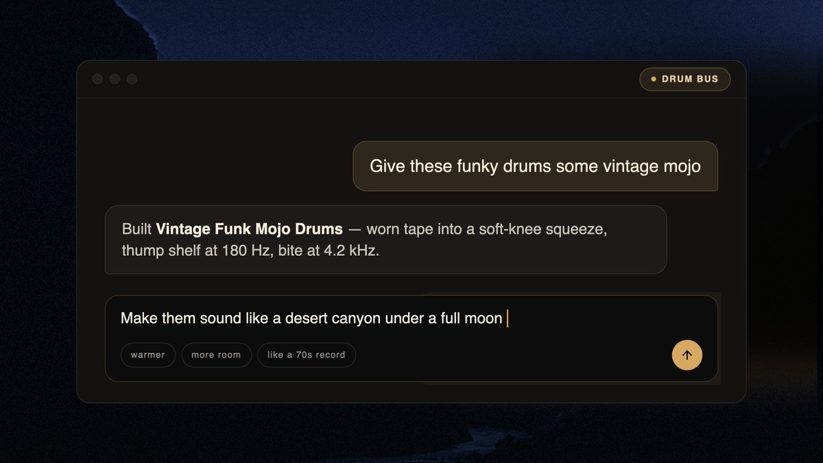 Playhead chat window building a Vintage Funk Mojo Drums treatment from a typed prompt on a drum bus