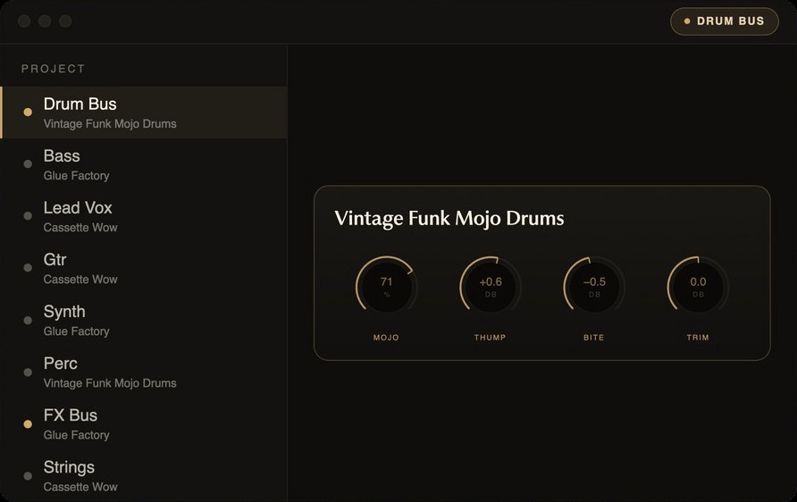 Playhead project view with Vintage Funk Mojo Drums macro knobs for Mojo, Thump, Bite and Trim