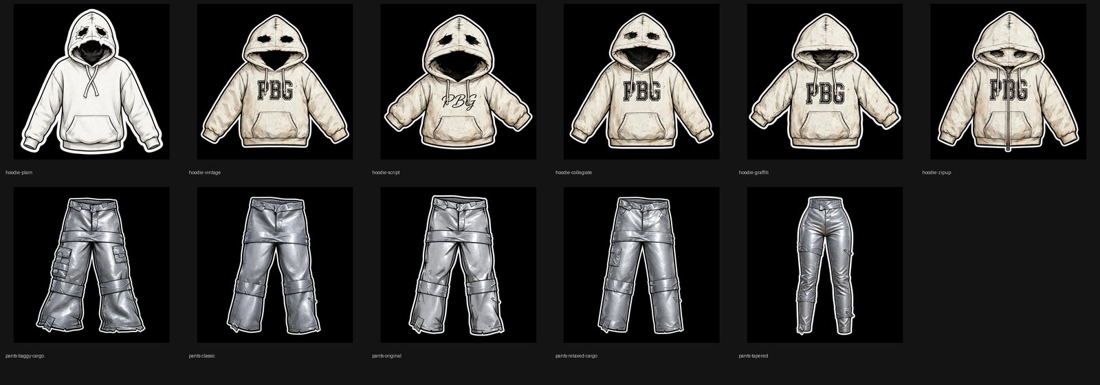 Pretty Boy Ghosts costume pieces for Meta Muse: PBG hoodies and silver duct tape pants