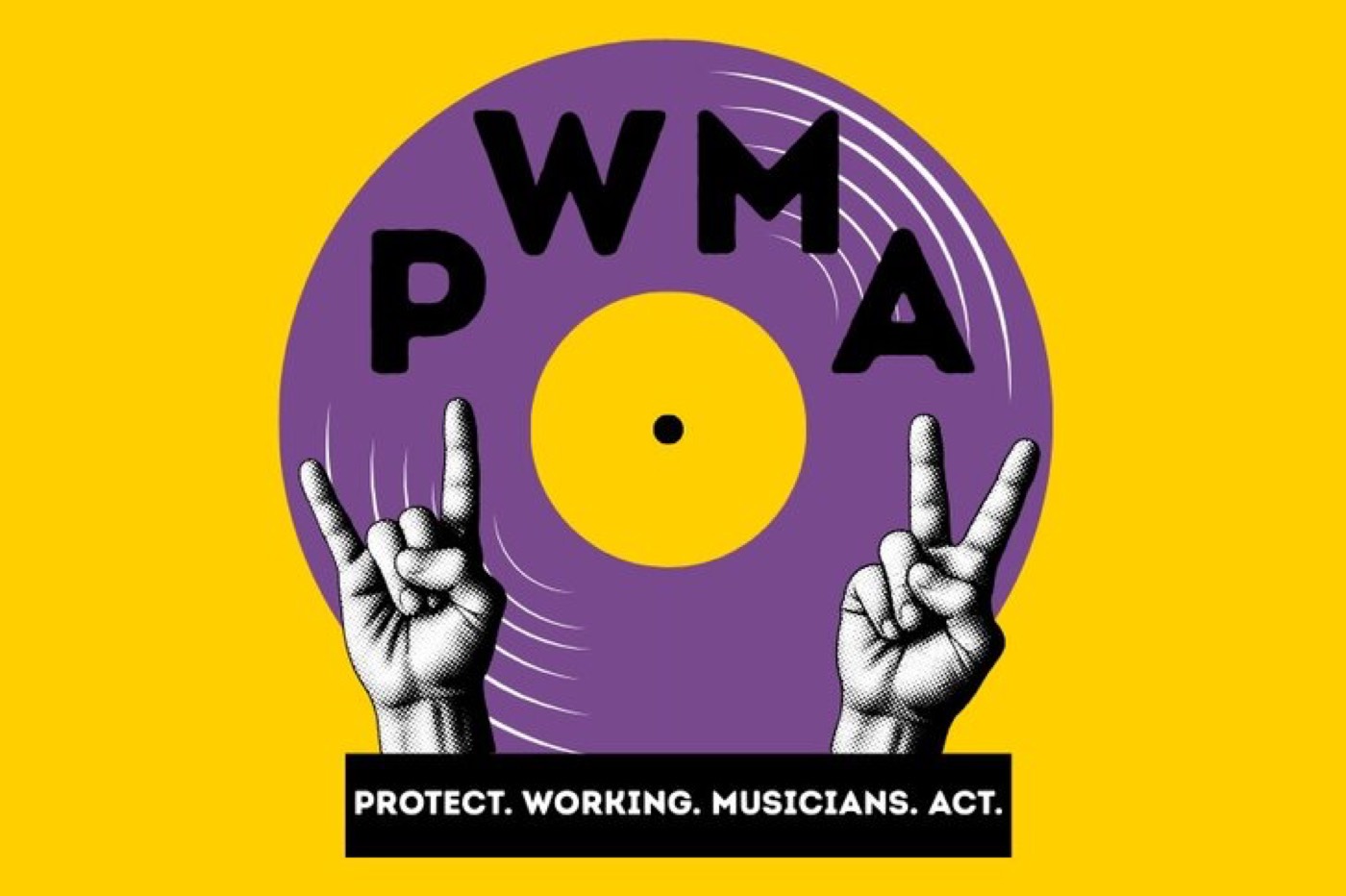 PWMA Protect Working Musicians Act graphic with a vinyl record and two raised hands making rock signs