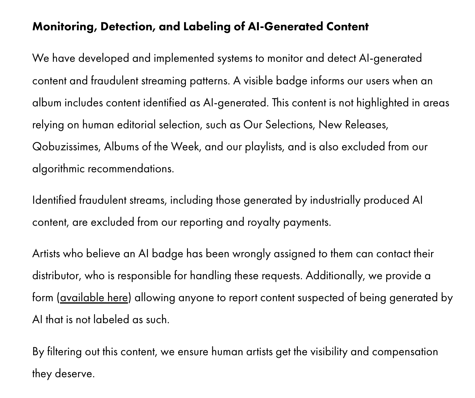 Qobuz AI Charter version 2 section on the AI badge, detection and distributor disputes