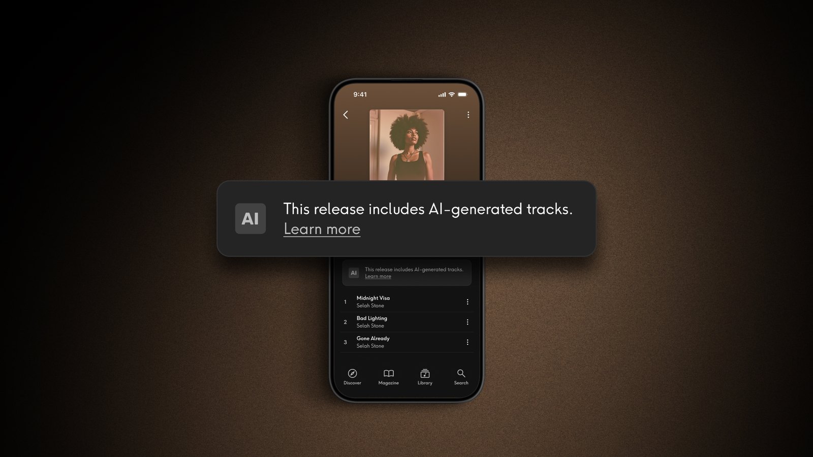Qobuz app album page with the new AI tag reading 'This release includes AI-generated tracks'